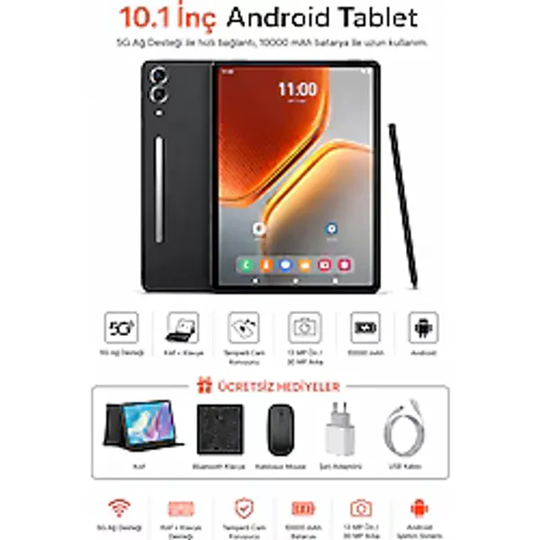 Ayers 10.1 İnç Android Tablet 6GB RAM 128GB Depolama 10000 mAh Batarya 5G Destekli Klavyeli Tablet Seti
