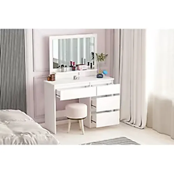 AYMOBSAN Duru Makyaj Masası, 4 Çekmeceli, Aynalı, Raflı, Beyaz