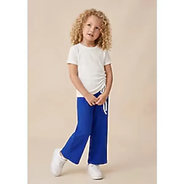 Aysbebe Bağcıklı Bluz + Bol Paça Fitilli Kumaş Pantolon Kız Çocuk Yazlık Takım Beyaz - Mavi 2254