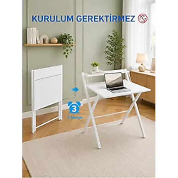 AYZ Bodo Metal Ayaklı Laptop Masası Katlanır Çalışma Masası Raflı Masa Katlanır Laptop Sehpası Beyaz