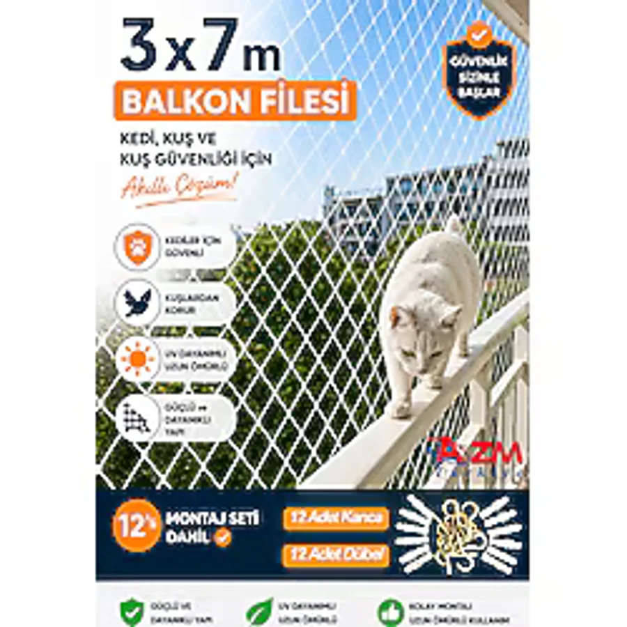 Azmtürkiye 3 x 7 m Kedi Balkon Filesi - UV Dayanıklı Güvenlik File, Kuş & Evcil Hayvan Koruma Ağı