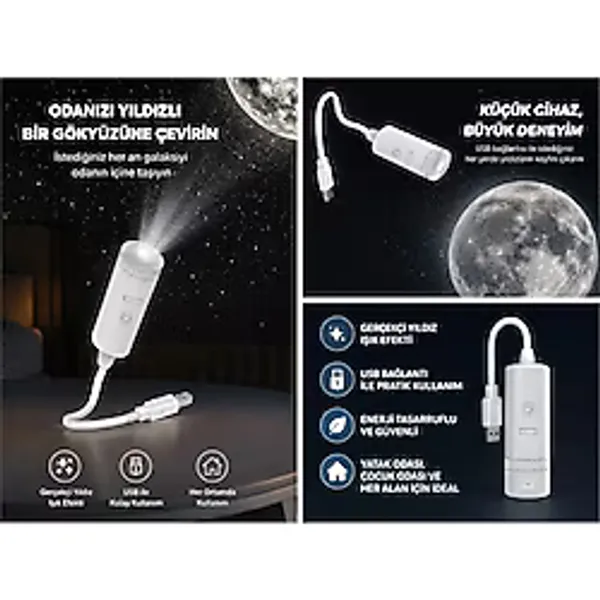 Azurtech USB Galaksi Projektör LED Gece Lambası 360° Ayarlanabilir 2 Filmli Ambiyans Işık - beyaz