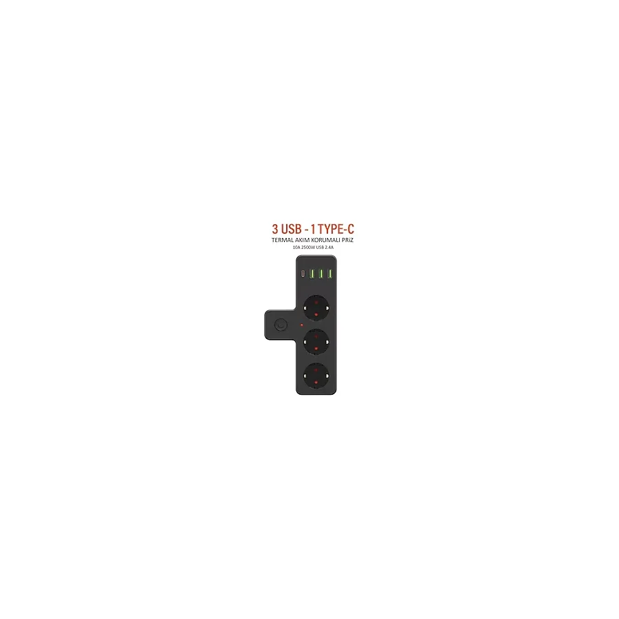 Azurtech USB Type-C Priz Dönüştürücü Şarj Adaptörü Priz-3 Usb-1 Type-C Girişli Çoklu Fiş Priz Çoklayıcı 2500W - Siyah - 1 Adet