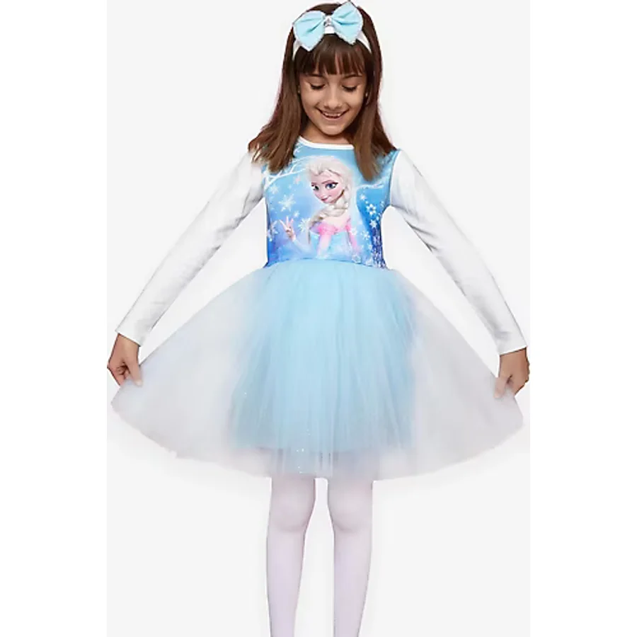 Babely Kız Çocuk Uzun Kollu Elbise Karlar Kraliçesi Elsa 5-10 Yaş, Mavi