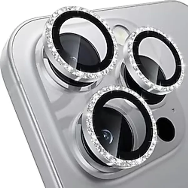 Babilden iPhone 13 Pro / 13 Pro Max İle Uyumlu Elmas Kaplı Taşlı Kamera Lens Koruyucu Alüminyum Alaşım Çerçeveli Telefon Lensi Temperli Cam Koruma (Gümüş)