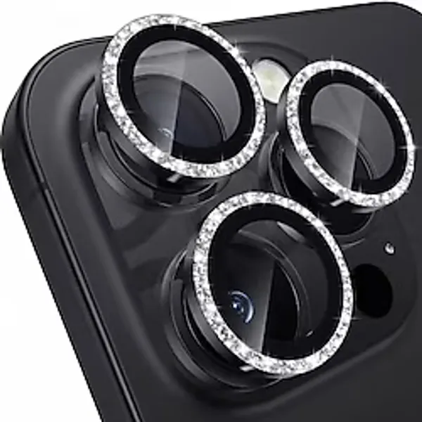 Babilden iPhone 13 Pro / 13 Pro Max İle Uyumlu Elmas Kaplı Taşlı Kamera Lens Koruyucu Alüminyum Alaşım Çerçeveli Telefon Lensi Temperli Cam Koruma (Siyah)