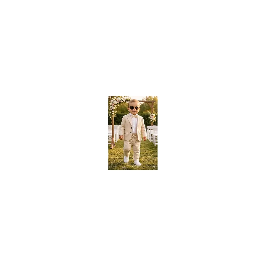 Baby Kids Colors Erkek Çocuk Flamlı Keten Salaş Ceketli Takım Elbise / Gömlek Pantolon Ceket Papyon Keten Takım(Ay Grubu Zıbınlı) - Bej - 4 Yaş