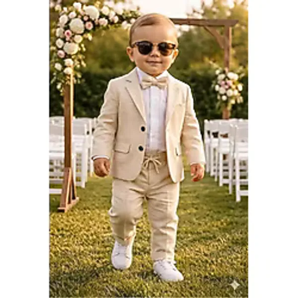Baby Kids Colors Erkek Çocuk Flamlı Keten Salaş Ceketli Takım Elbise / Gömlek Pantolon Ceket Papyon Keten Takım(Ay Grubu Zıbınlı) - Bej - 6 Ay