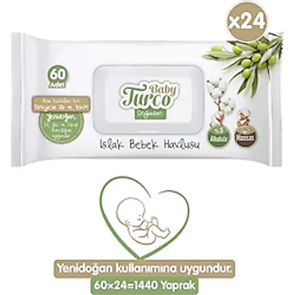 Baby Turco Doğadan Yenidoğan Islak Bebek Havlusu Zeytinyağlı Koku ile 60 Adet x 24'lü
