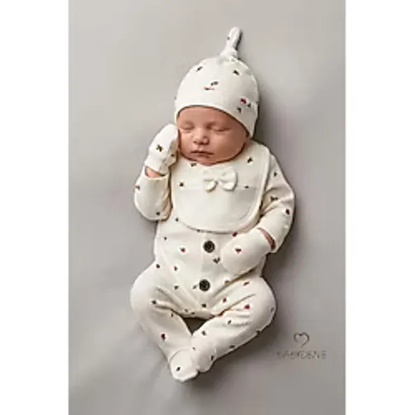 Babyden's 4'lü Kız Bebek Fitilli Yenidoğan Tulum Seti %100 Pamuklu Hastane Çıkışı Tulum, Şapka, Eldiven, Önlük - Ekru