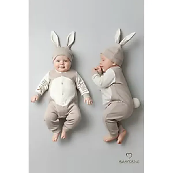 Babyden's Bebek Tavşanlı Tulum Şapka Set %100 Pamuklu Çıtçıtlı,ayarlanır Ponponlu Unisex Yenidoğan Tulum Seti - Bej - 0 - 3 Ay