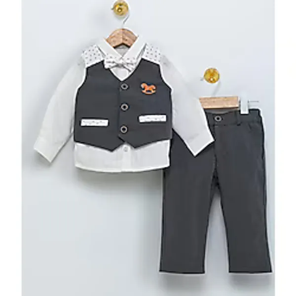 Babydola 1-5 Yaş Papyon Yelek Gömlek Pantolon Bayramlık Çocuk Takım Elbise 4'lü Set 15054 - 4 Yaş - Gri