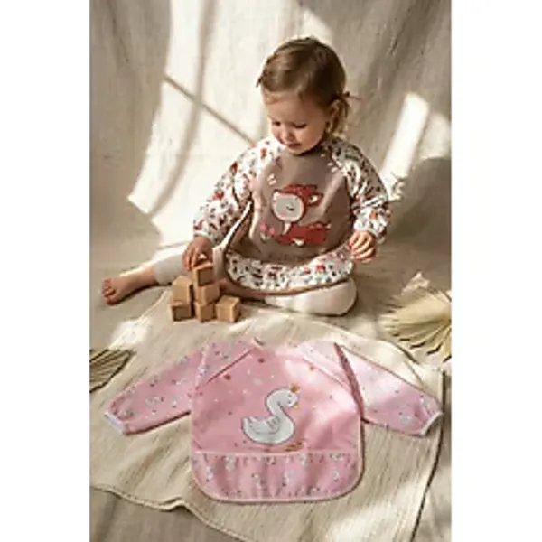 Babydonat Bloom 2'li Paket Sıvı Geçirmez Uzun Kollu Bebek Mama Önlüğü -6-24 Ay Pembe Kuğu ve Ceylan Desenli Blw Önlük Seti - Çok Renkli - Standart