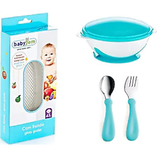 Babyjem Cam Rende + Vakumlu Mama Tabağı Mavi + Paslanmaz Çelik Çatal Kaşık Seti Turkuaz