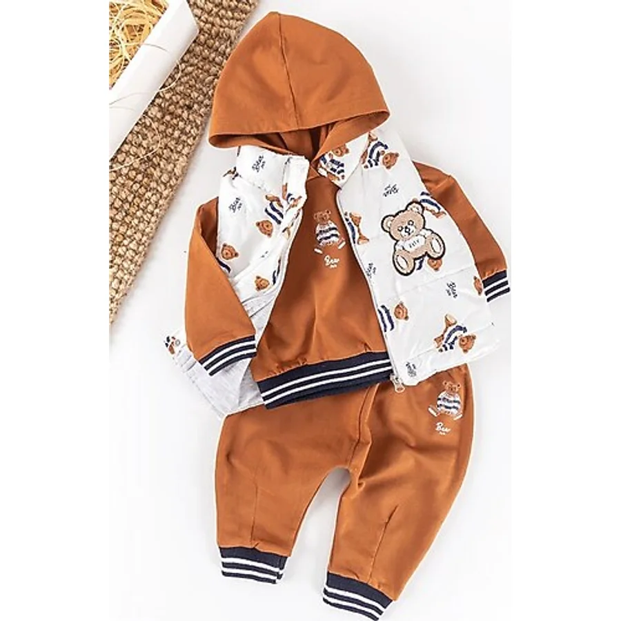 Babymod Ayıcık Figürlü Yelekli Üç Parça Kışlık Erkek Bebek Takım 001 kahverengi