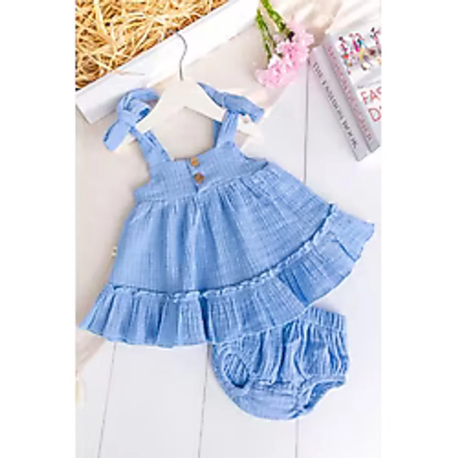 Babymod Müslin 100% Pamuk Askılı Yazlık Kız Bebek Elbise - 12 - 18 Ay - Mavi