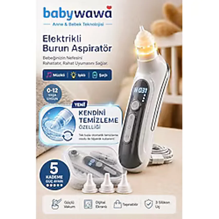 Babywawa H-031 Şarjlı Kendini Temizleyen 5 Kademe Burun Aspiratörü 0-12 Yaş Işıklı Müzikli Nazal Aspiratör
