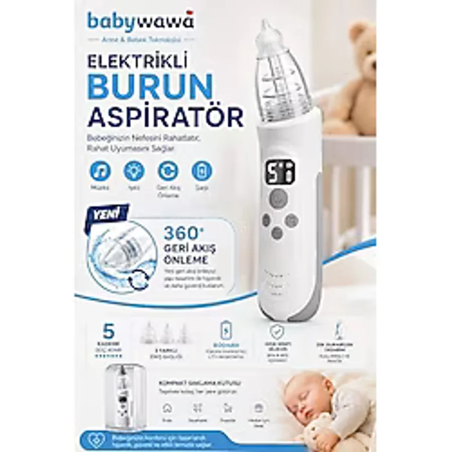 Babywawa H-032 Elektrikli Burun Aspiratörü 0-12 Yaş Şarjlı Nazal Aspiratör 5 Kademe Güçlü Vakum Led