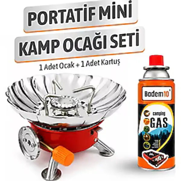 Badem10 (1 Adet) Mini Portatif Rüzgarlıklı Çakmaklı Kamp Ocağı + (1 Adet) 400 ml Kamp Kartuşu - Kırmızı