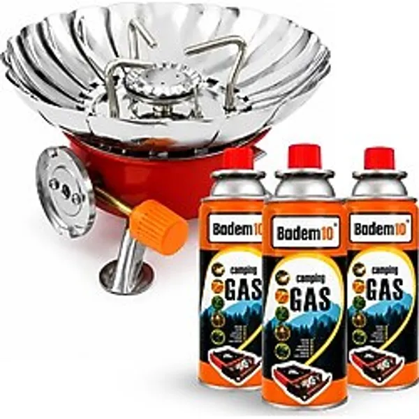 Badem10 (1 Adet) Mini Portatif Rüzgarlıklı Çakmaklı Kamp Ocağı + (3 Adet) 400 ml Kamp Kartuşu - Kırmızı