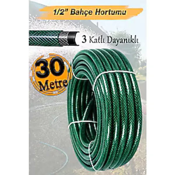 Badem10 (30 Metre) Dayanıklı 3 Katlı Sağlam Klasik Bahçe Çeşme Hortumu Su Sulama Yıkama Hortum 12.5 mm 1/2"