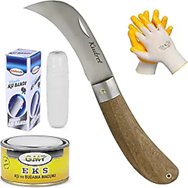 Badem10 Aşı Bıçağı Eğri Uçlu Bağ Bıçağı Ara Çakı + Aşı Bandı + Aşı Macunu + Eldiven (4'LÜ SET)
