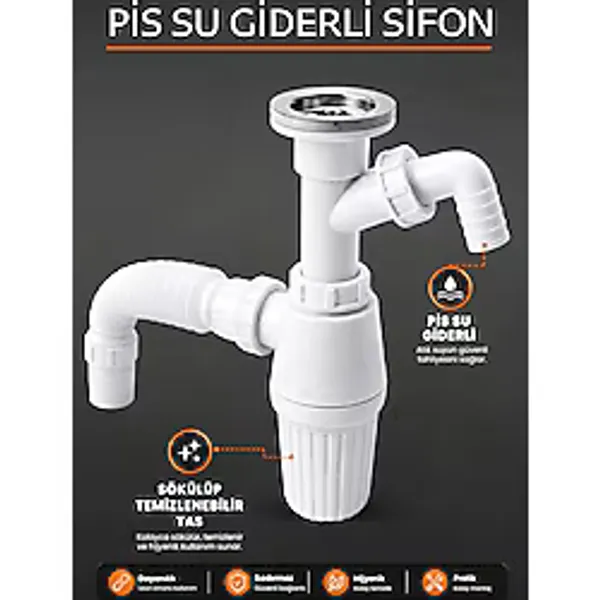 Badem10 Çift Giderli Pis Su Sökülebilir Tas'lı Sifon Körüklü Temizlenebilir Mutfak Banyo Lavabo Borusu Gideri