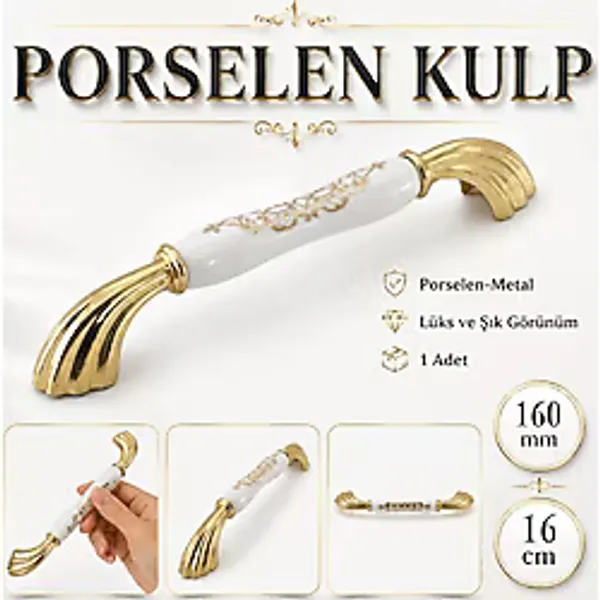 Badem10 Goldya Porselen Beyaz Gold Kulp 160 mm 16 cm Mobilya Çekmece Dolabı Dolap Kapak Kulplar Kulb Kulpu - Beyaz - Gold