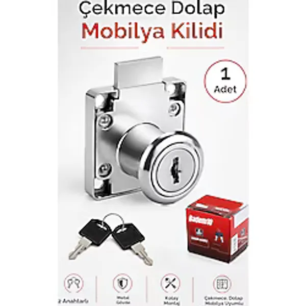 Badem10 Kare Çekmece Kilidi Dolap Mobilya Kilit 2 Anahtarlı Mandallı Dolabı Kilitle Metal