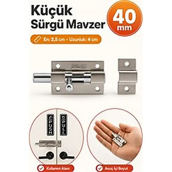 Badem10 Küçük Mavzer Sürgü Sürgülü Sürgüsü Kilit Saten 25x40 mm Kapı Pencere Emniyet Kilidi Metal