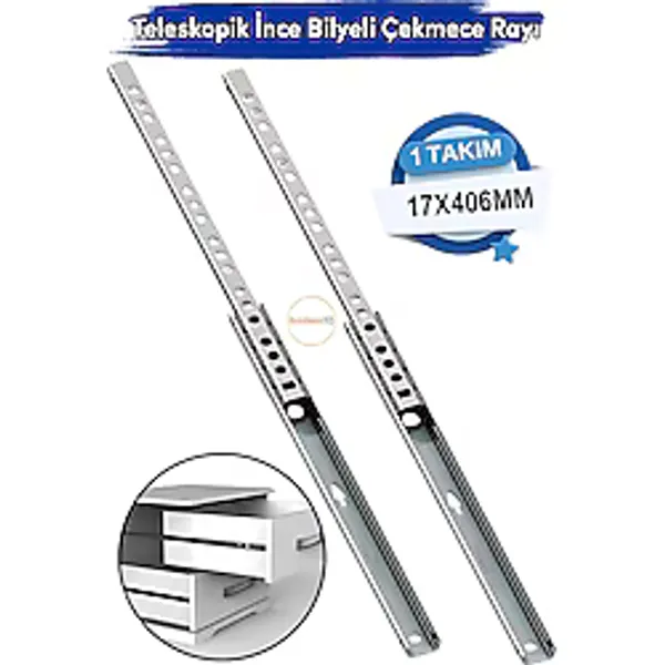 Badem10 Teleskobik İnce Bilyeli Bilyalı Dolap Çekmece Rayı Sürgüsü Metal En 1.7 cm 17 mm Uzunluk 40,6 cm 406