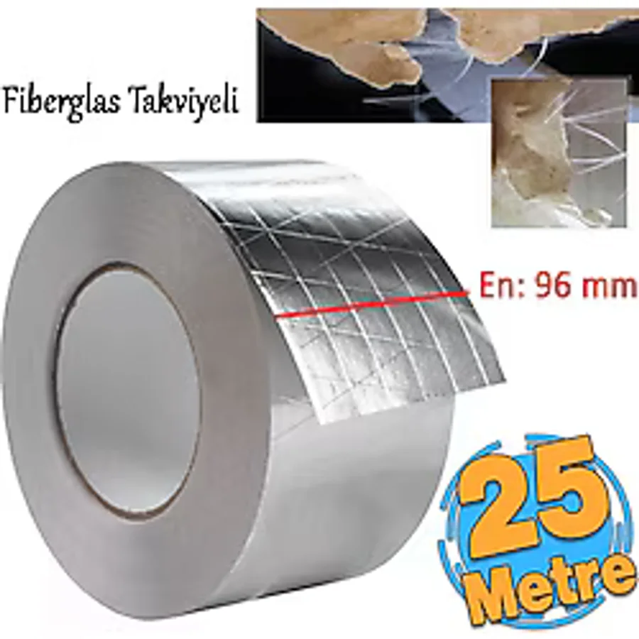 Badem10 Yapışkanlı Fiberglas Lif Takviyeli Alüminyum Folyo Bant 96 mm x 25 Metre Yanmaz Yalıtım Bandı