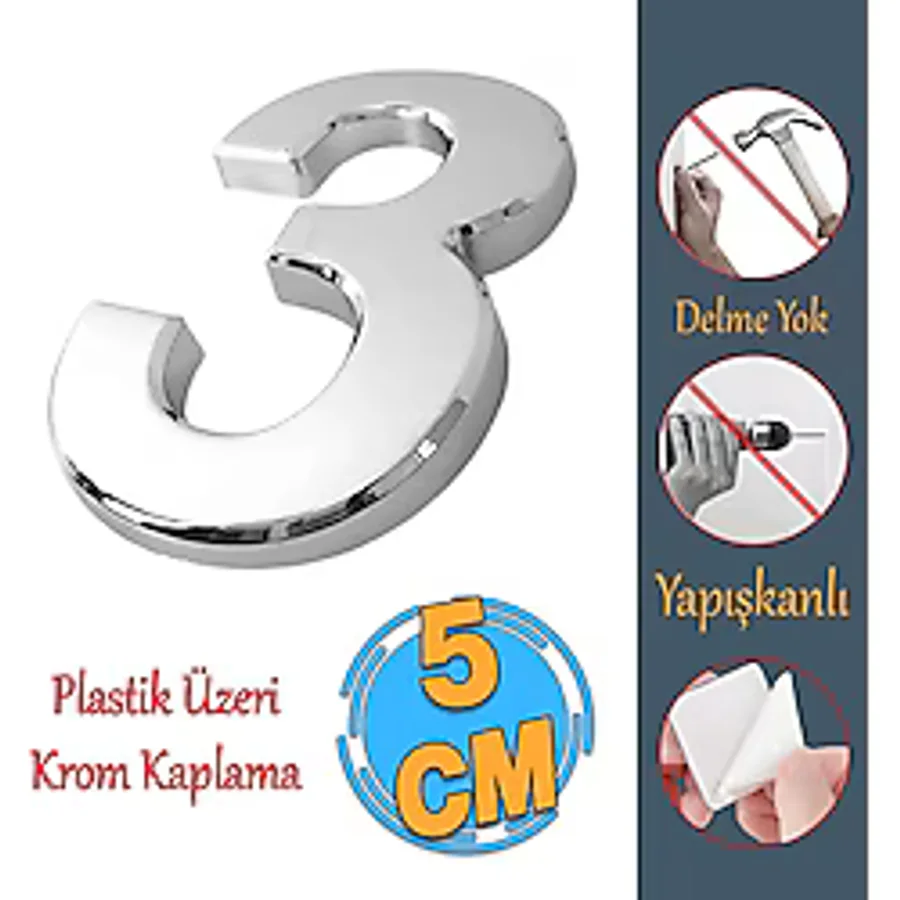Badem10 Yapışkanlı Kapı Numarası Küçük Boy 50 mm 5 cm Numara 3 Rakam Üç Sayısı Krom Renk Numaralar 1 Adet