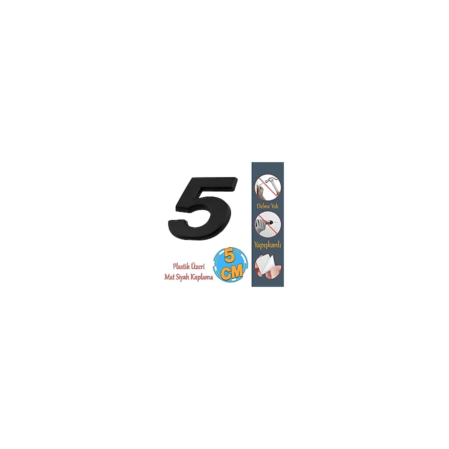 Badem10 Yapışkanlı Kapı Numarası Küçük Boy 50 mm 5 cm Numara 5 Rakam Beş Sayısı Siyah Renk Numaralar 1 Adet