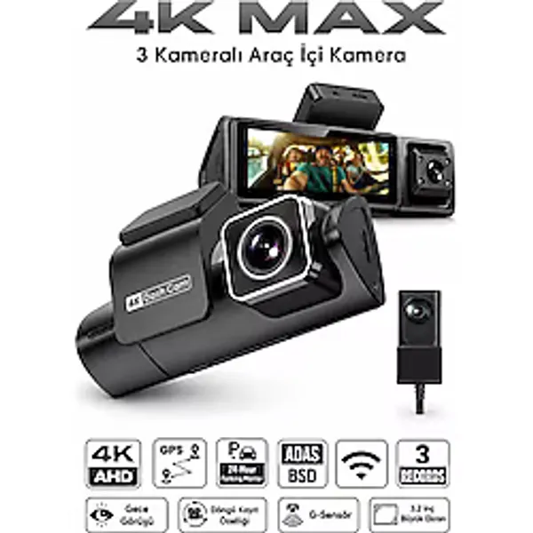 Bagajon 3 Kameralı Yapay Zeka Destekli 4K Araç İçi Kamera Ön İç Arka Kamera Wifi Gps Adas 24 Saat Park Modu Gece Görüşlü