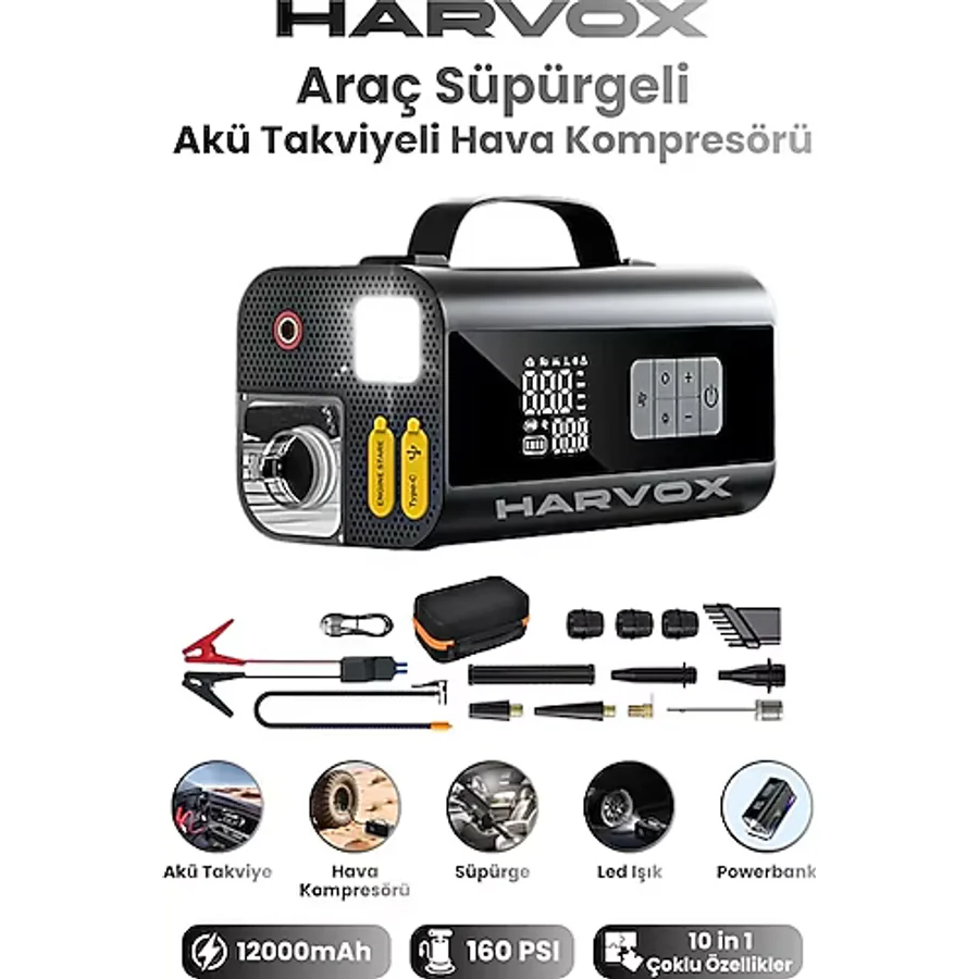 Bagajon Harvox Jump Starter Akü Takviye Cihazı 10 in 1 Powerbank, Hava Kompresörü, LCD EKRAN,12.000MAH