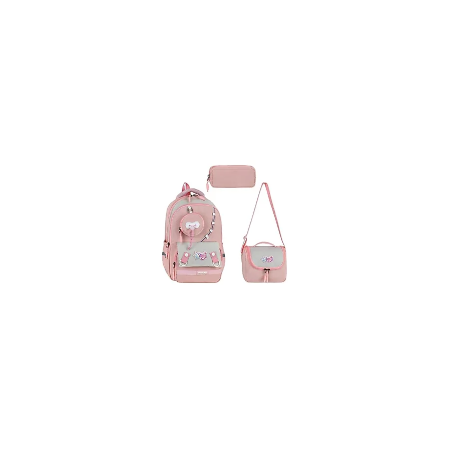 Baginn Kız Çocuk 3'lü Ilkokul Çantası 40x30 cm Beslenme Çantası Kalem Kutusu Ortopedik Ilk Okul Çantası - Pembe