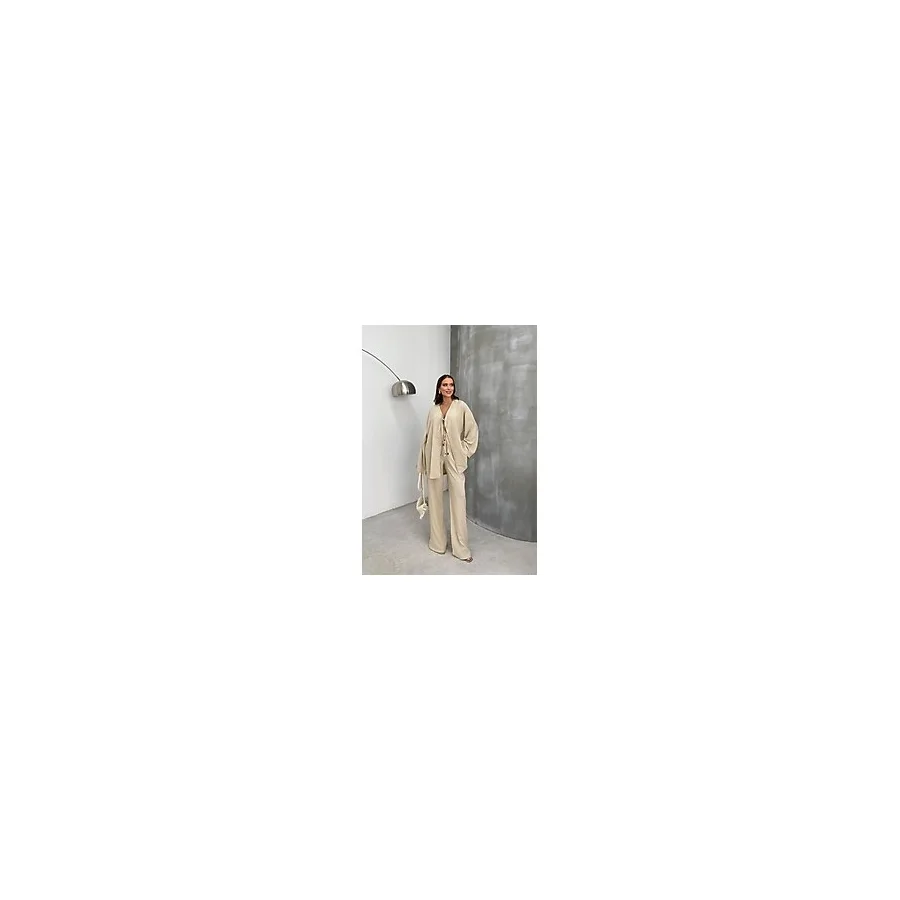 Bağlamalı Tesettür Pantolon Üst Pantolon Takım - Krem - 38