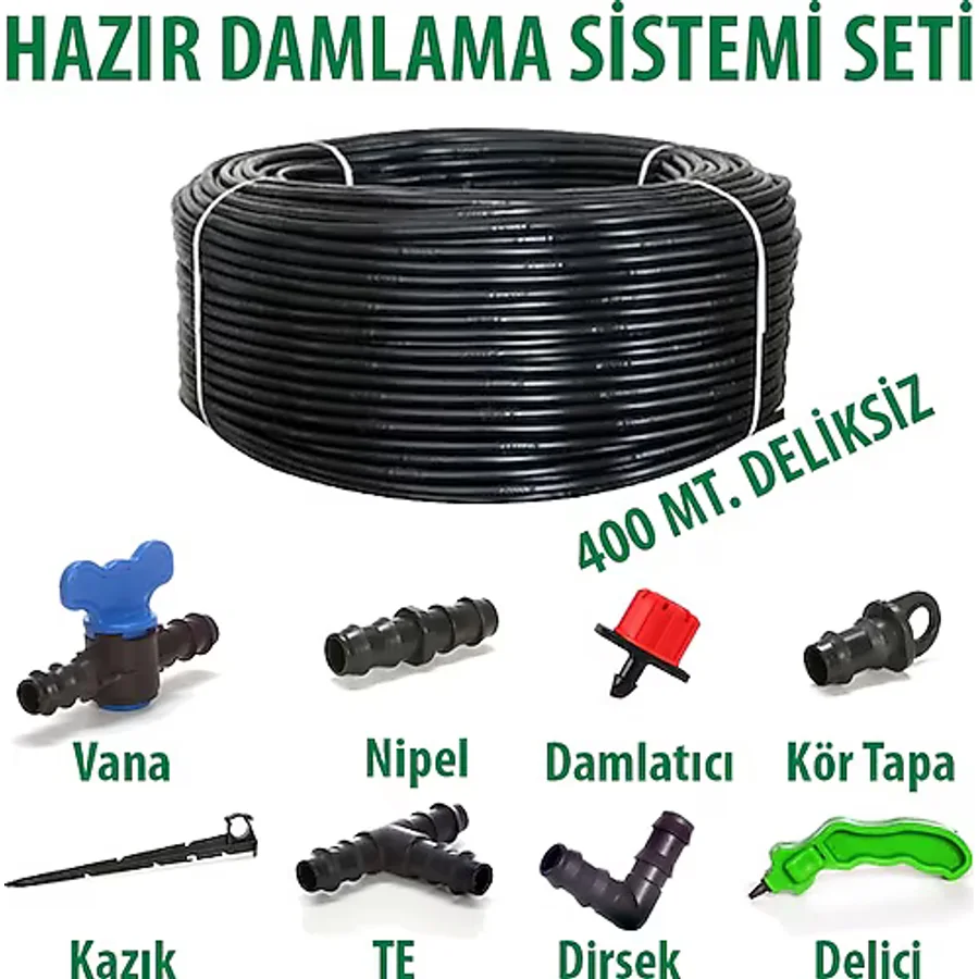 Bahçe 16X0,9MM 400 Metre Düz Damlama Borusu Sistemi Hazır Damlama Seti
