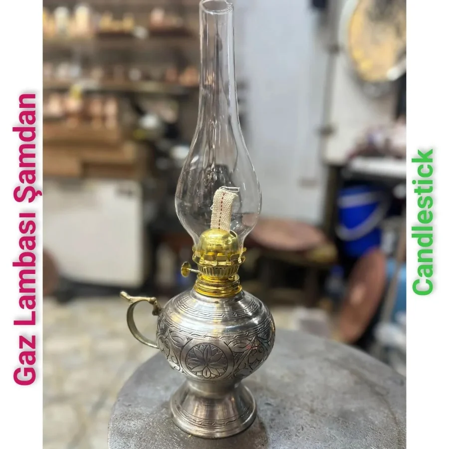 Bakır gaz lambası Şamdan Dekoratif Antik Bakır Osmanlı Gaz lambası Portatif Nostaljik Gaz Lambası Şamdan beyaz