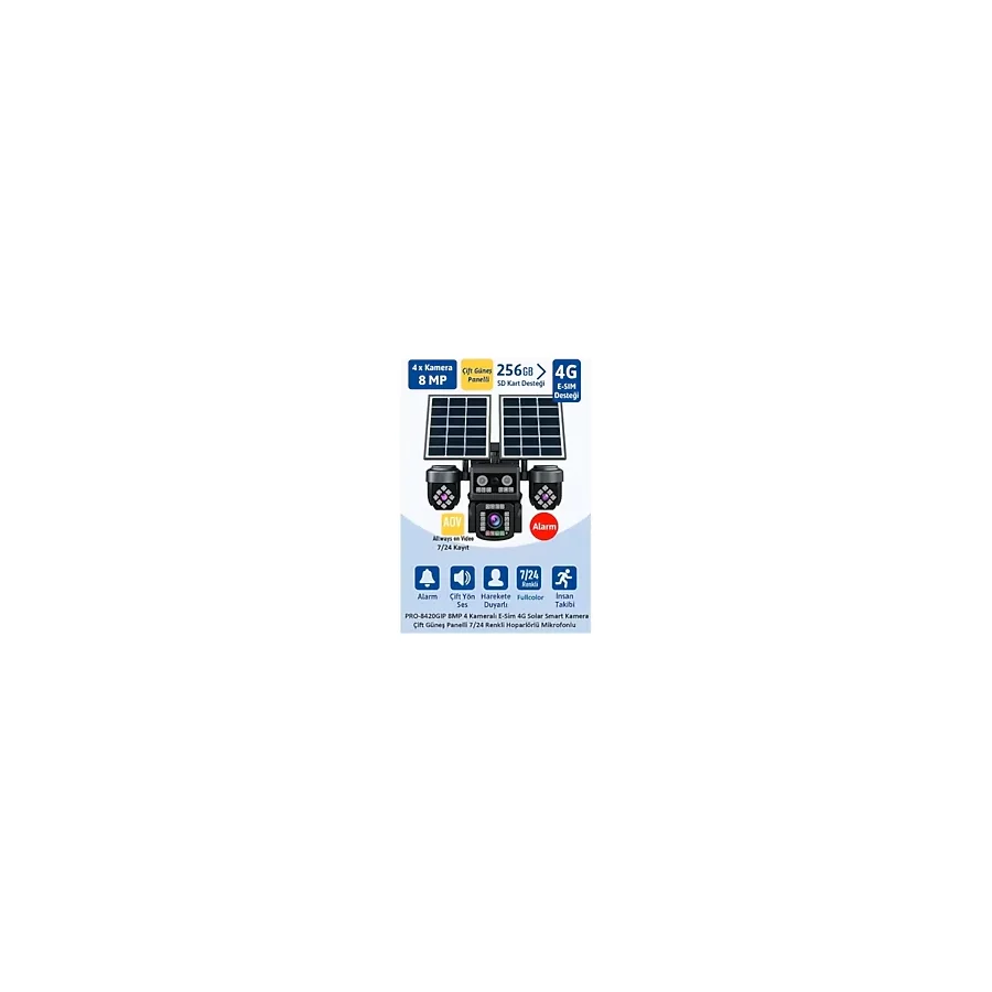 BALANDI PRO-8420GIP 8MP 4 Kameralı 4G AOV ESIM Solar Kamera, HIEASY Yazılım