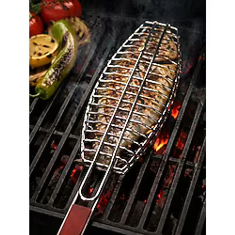 Balık Izgara Teli Büyük Boy Paslanmaz Ahşap Saplı Balık Izgarası 40x15 cm Izgara Alanı 29 cm Uzun Saplı