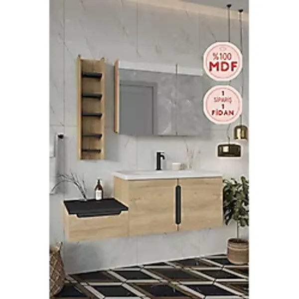 Balneom Banyo Zakkum Demonte 120cm Banyo Dolabı Aynalı Üst Dolap Ve Rafı Meşe