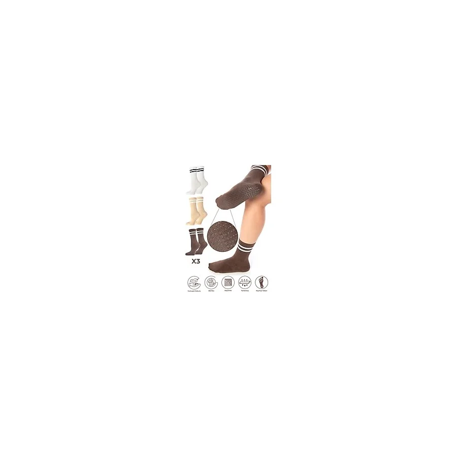 Bambu Kadın Kaydırmaz Taban Silikon Baskı Pilates Yoga Fitness Dans Aktivite Tenis Çorabı 3'lü Paket - Beyaz - Kahverengi - Bej - 36 - 40