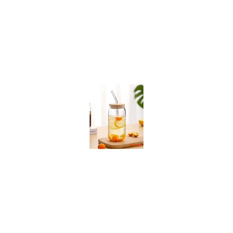 Bambu Kapaklı Pipetli Borosilikat Sunum Bardağı, Kahve Bardağı, Isı Dayanıklı Bardak (600 ml) Coollime