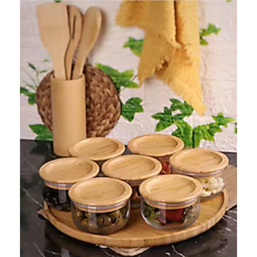 Bambum Duo 300 ml 7'li Tepsili Bambu Kapaklı Cam Kahvaltılık