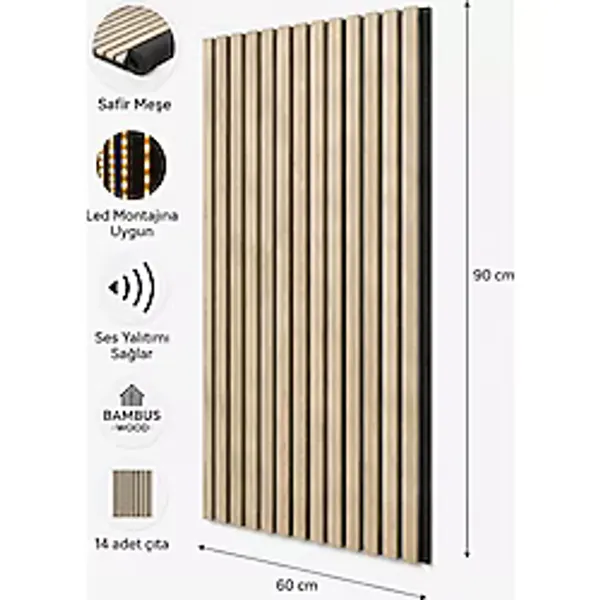 Bambus Home Dekoratif Çıtalı Mdf Akustik Duvar Paneli Akustik Ahşap Duvar Kaplama Paneli 60X90 cm Safir Meşe