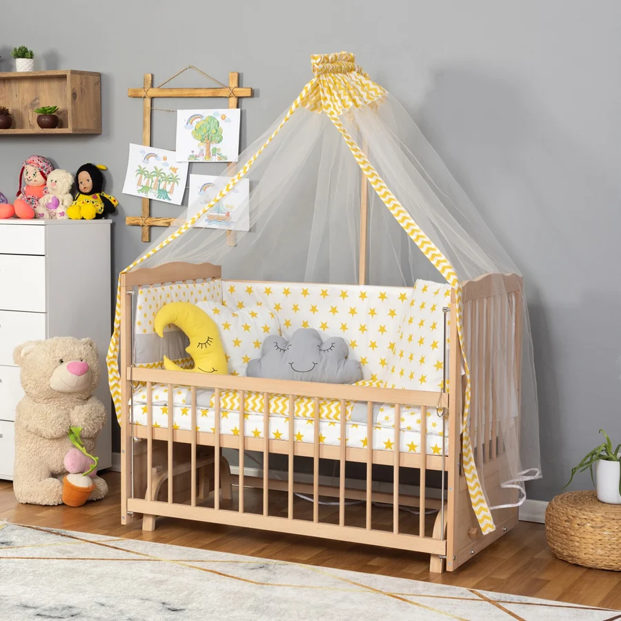 bamgidoo Ahşap Beşik Anne Yanı Beşik Organik (BOYASIZ) 60x120 - Sarı Yıldız Uyku Seti Yatak