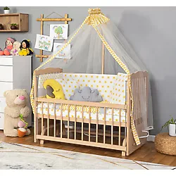 bamgidoo Ahşap Beşik Anne Yanı Beşik Organik (BOYASIZ) 60x120 - Sarı Yıldız Uyku Seti Yatak