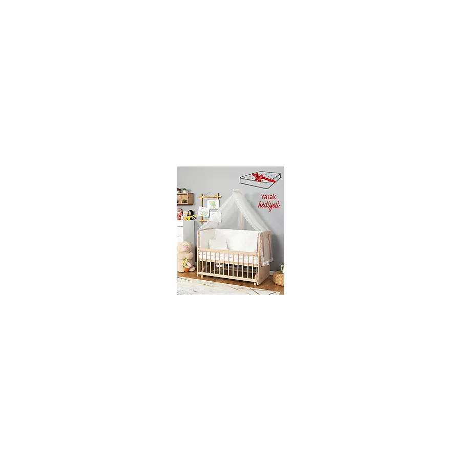 Bamgidoo Ahşap Organik Beşik Anne Yanı Beşik 3 Kademeli Lüx Bebek Beşiği 60 x 120 cm - Krem Güpür Uyku Setli & Soft Yataklı - Beyaz